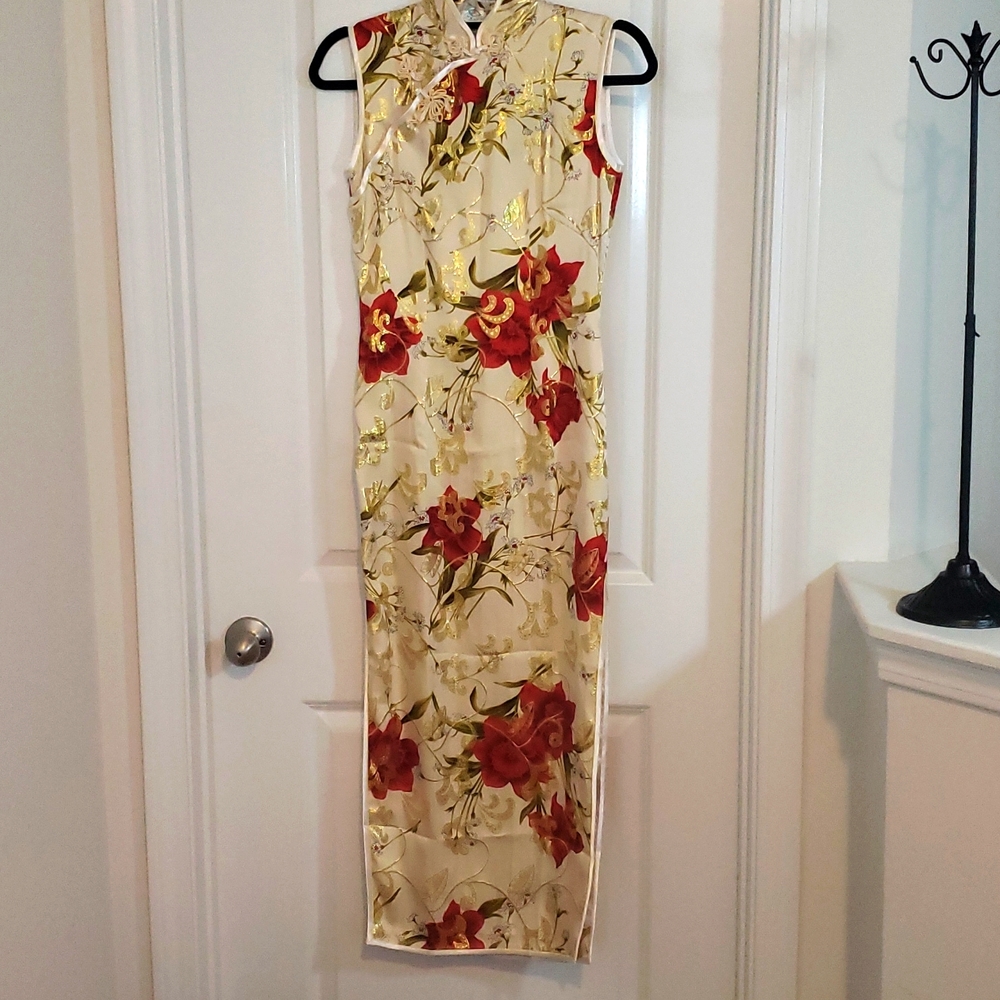 Satin Cheongsam No-sleeve Chinese Style Dress Sz S
